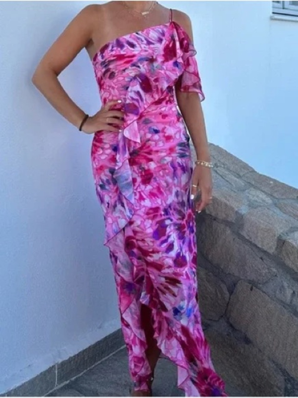Zara Pink and Purple One-Shoulder Ruffle Maxi Dress